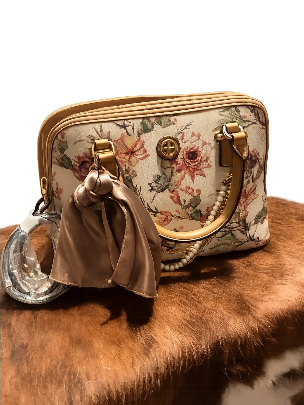 Floral Satchel Handbag in Cream and Tan